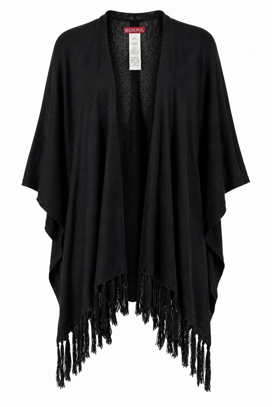 NWT Merona Soft Cozy Black Fringe Ruana Shawl Poncho Wrap Open Front and Sleeves